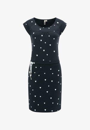 Mørkeblå kjole med hvide hjerteprint, korte ærmer, rund halsudskæring og en hvid snøre i taljen.