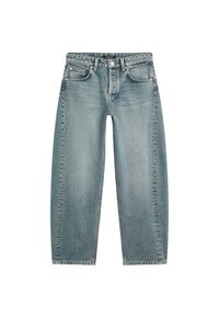 Světle modré deninové džíny s volným, rovně střiženým designem. Disponují předními kapsami a zapínáním na knoflík. Mírně vybledlá textura.