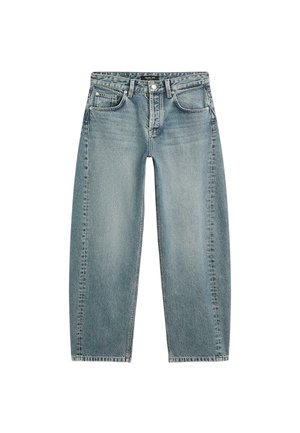 Hellblaue Jeans aus Denim mit einem lockeren, geraden Schnitt. Verfügt über Fronttaschen und einen Knopfverschluss. Leicht verblasste Textur.