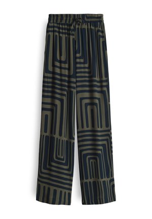 Wide-leg pants in olive green fabric featuring dark geometric patterns. Elastic waistband with a drawstring for adjustable fit.