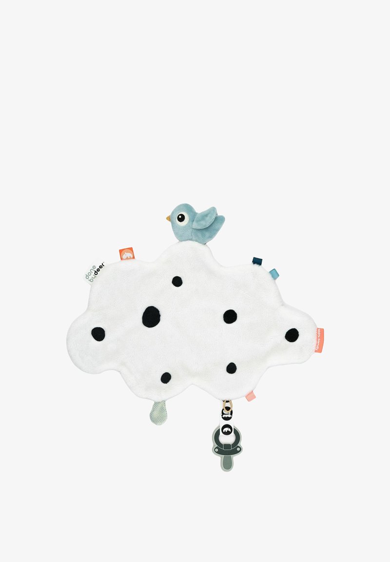 Juguete de peluche en forma de nube blanco con puntos negros, que presenta un pájaro color teal en la parte superior y etiquetas coloridas, incluyendo un soporte para chupete. Textura suave.