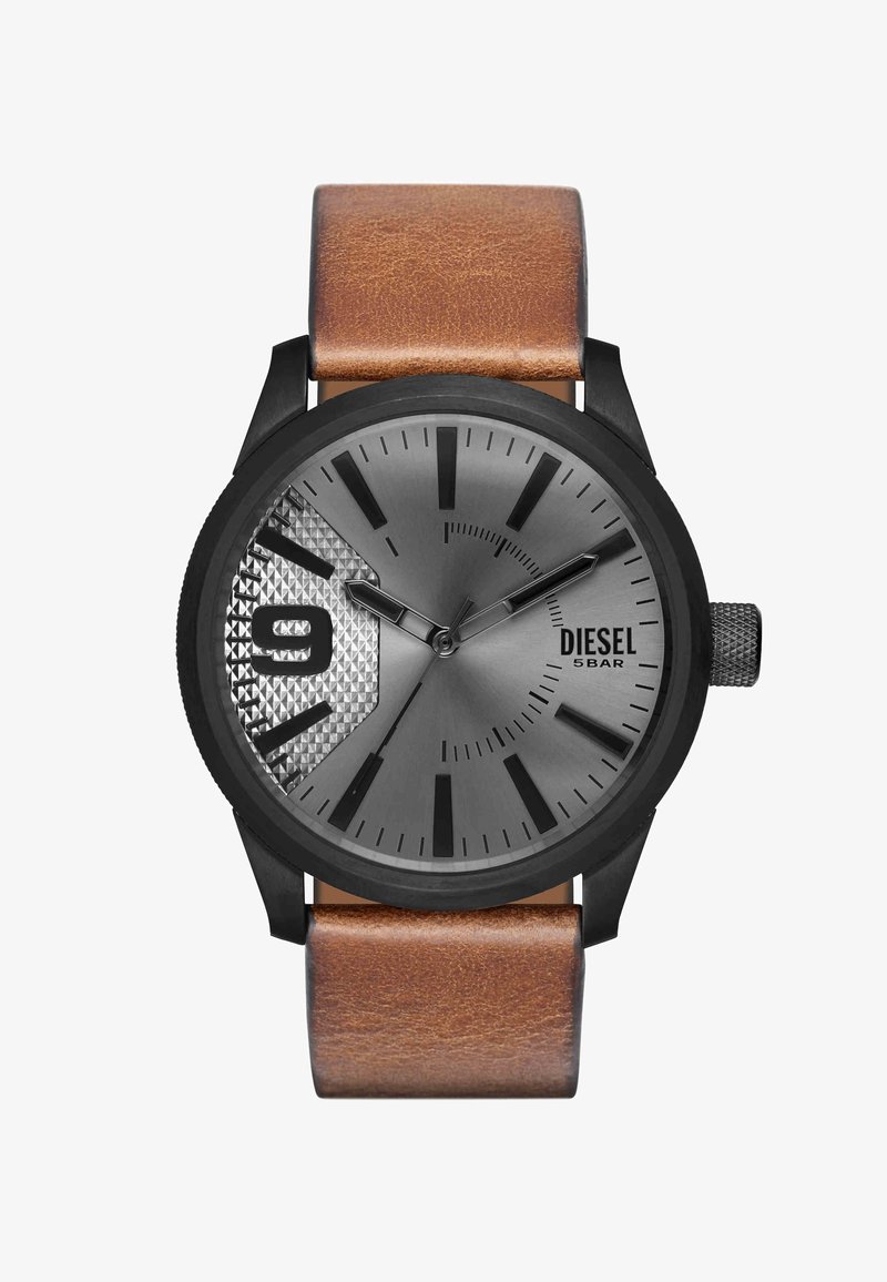 Round black Diesel watch with gray textured dial, bold 9 marker, black hour markers, three hands, and brown leather strap.