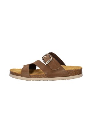 Brown suede slide sandal with adjustable metal buckle, cork footbed, and light beige rubber sole against white background.