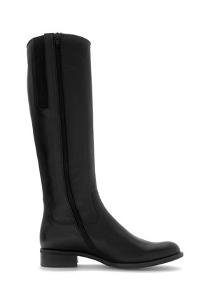 Hoher schwarzer Lederstiefel mit seitlichem Reißverschluss und niedrigem Blockabsatz, seitlich auf weißem Hintergrund gezeigt.