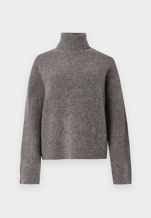 Grå turtleneck sweater lavet af blødt strikket materiale, med lange ærmer og en afslappet pasform, samt ribbet tekstur ved manchetten og kanten.