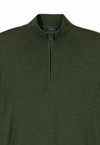 Dark green sweater with a high, ribbed collar and a half-zip closure. Smooth texture with subtle knit pattern and OLYMP logo tag.