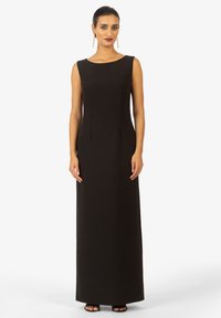 Zwarte mouwloze maxi-jurk met een ronde halslijn, voorzien van een aansluitend lijfje, een soepele textuur en details aan de zijnaad.