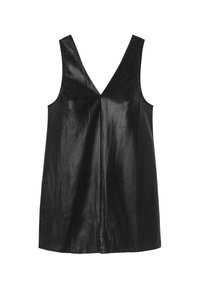 Haut sans manches en cuir noir avec un décolleté en V profond. Texture lisse, design simple sans motifs ni embellissements.