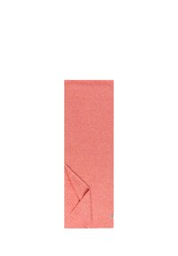 Coral pink rectangular scarf, textured knit fabric with a folded edge, featuring a small label on the corner. Lightweight and versatile design.