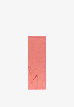 Coral pink rectangular scarf, textured knit fabric with a folded edge, featuring a small label on the corner. Lightweight and versatile design.