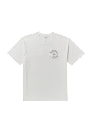 White cotton t-shirt with short sleeves, round neck, and a circular logo in green and black on the chest. Smooth texture, regular fit.