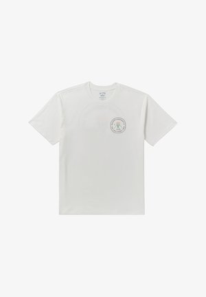 White cotton t-shirt with short sleeves, round neck, and a circular logo in green and black on the chest. Smooth texture, regular fit.