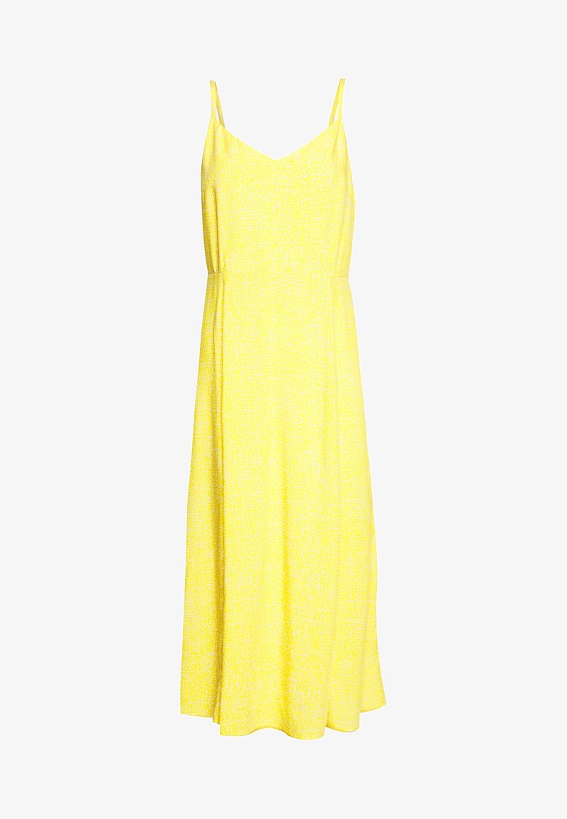 Robe maxi jaune sans manches avec fines bretelles et encolure en V, confectionnée dans un tissu léger.