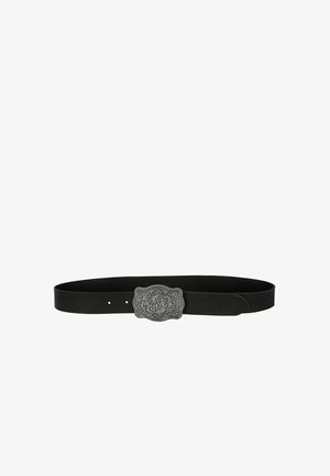 Black leather belt with an ornate rectangular silver buckle featuring intricate floral and scrollwork designs.