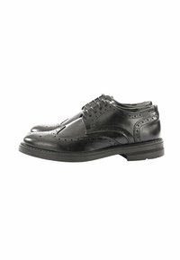 Scarpe brogue in pelle nera con dettagli perforati, punta rotonda e suola in gomma nera bassa. Design con lacci e finitura liscia.