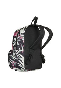 La mochila negra con estampado floral cuenta con correas ajustables, un bolsillo con cremallera y un tejido texturizado con hojas y flores tropicales.