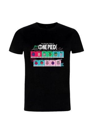 Zwart T-shirt met een kleurrijk grafisch ontwerp getiteld "De Periodieke Tabel van One Piece," met verschillende fruitsymbolen en hun namen.