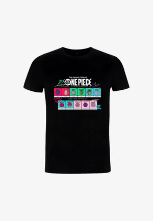Zwart T-shirt met een kleurrijk grafisch ontwerp getiteld "De Periodieke Tabel van One Piece," met verschillende fruitsymbolen en hun namen.