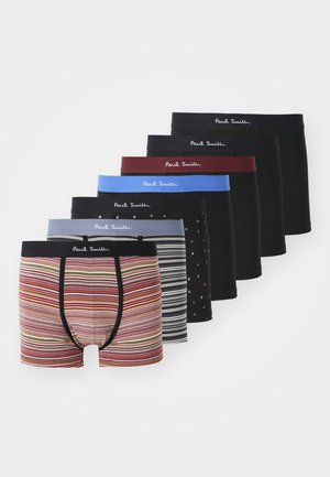 Ensemble de sept boxers pour hommes dans diverses couleurs et motifs. Comprend des designs rayés, unis et à motifs, avec des ceintures élastiques.