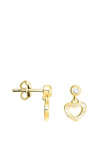 Guldtonade stuprörsörhängen med ett hjärtformat hänge som har en klar kristallaccent och omgivande klara stenar. Slät metallyta.