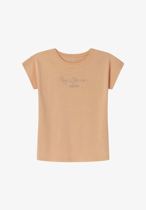 T-shirt a maniche corte color pesco in tessuto morbido con colletto rotondo e un logo scintillante "Pepe Jeans LONDON" sul davanti.