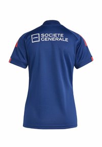 Polo de color azul marino con acentos rojos en las mangas, que presenta un logo blanco y el texto "SOCIETE GENERALE" en la parte posterior, hecho de una tela transpirable.