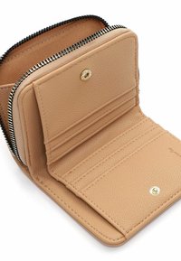 Tan leather wallet with a textured finish, zip closure, interior card slots, and a snap button pocket. Contrast stitching along the edges.