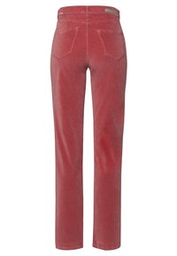 Rode corduroy broek met een rechte pijp, achterzakken en een gladde textuur, met een discreet logo-label nabij de tailleband.