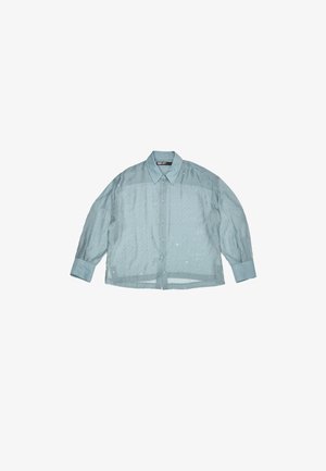 Mint green button-up shirt with long sleeves, a collar, and subtle shimmering dot patterns. Made from lightweight, sheer fabric.