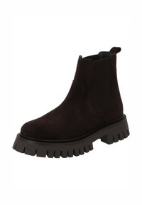 Stivali Chelsea in suede nero con suola in gomma spessa, pannelli laterali elastici e un tassello sul retro per una facile vestibilità. Superficie testurizzata.
