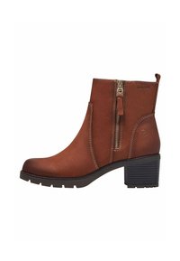 Brown leather ankle boot with a side zipper, smooth texture, rounded toe, and a chunky black heel with horizontal grooves.