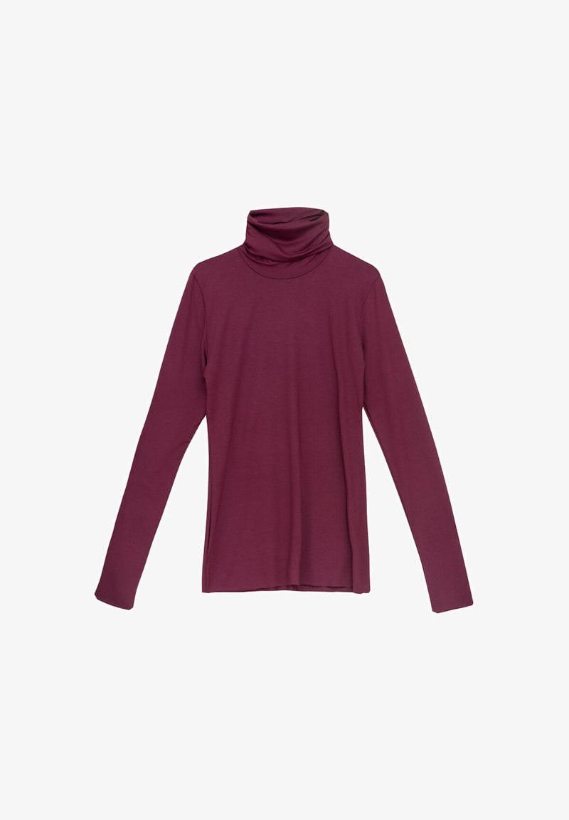 Burgundowy długi rękaw turtleneck z miękką, gładką strukturą i luźnym kołnierzem, z pełnymi rękawami i swobodnym krojem.