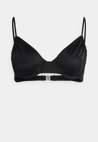 Sutiã preto de cetim com formato triangular, alças ajustáveis, suporte de aros e fecho nas costas. Textura suave com costuras mínimas.