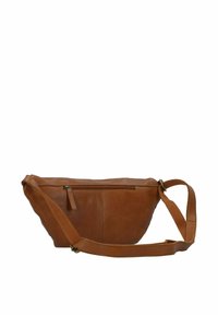 Borsa a spalla in pelle marrone con forma semi-ovale, tracolla regolabile, tasca con zip frontale e texture liscia. Nessun dettaglio hardware visibile.