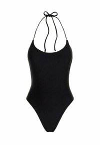 Costume da bagno intero nero con spalline all'halterneck, scollatura rotonda e gambaletti alti, realizzato in tessuto liscio ed elasticizzato.