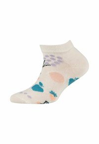 Calza al ginocchio in beige chiaro con motivi astratti colorati in blu, rosa e lavanda; bordo a coste e tessuto morbido.