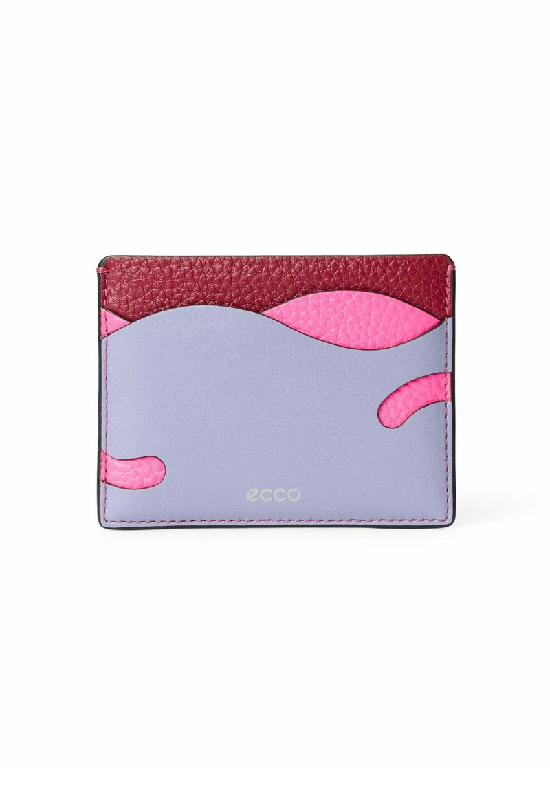 Paarse leren kaartjeshouder met bordeauxrode en roze accenten. Heeft gebogen patronen, witte stiksels en een geperst logo. Compact en lichtgewicht design.