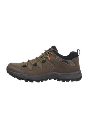Scarpa da trekking impermeabile marrone e nera con suola texturizzata, chiusura con lacci e collo imbottito, vista di profilo destro.