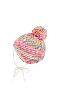 Knitted hat with multicolored stripes in pink, green, and white. Features a large pom-pom on top and tie strings for secure wear.