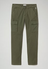 Olijfgroene cargobroeken met zijzakken en een slim fit. Gemaakt van stevige katoenen stof met een gladde textuur.