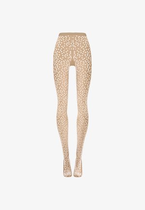 Nude-färgade mönstrade strumpbyxor med vita prickar, semitransparent textur, figurnära passform och stängd tå.