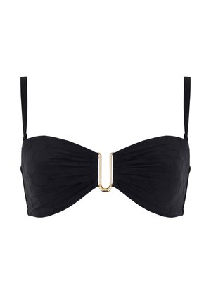 Svart bikinitopp med teksturert stoff, med en gullaktsent i midten, underwire-støtte og justerbare stropper for en sikker passform.