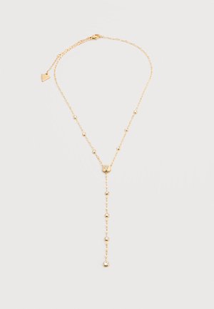Delicate gold chain necklace with small round beads and a central Y-shaped drop featuring a larger bead at the end on a light background.