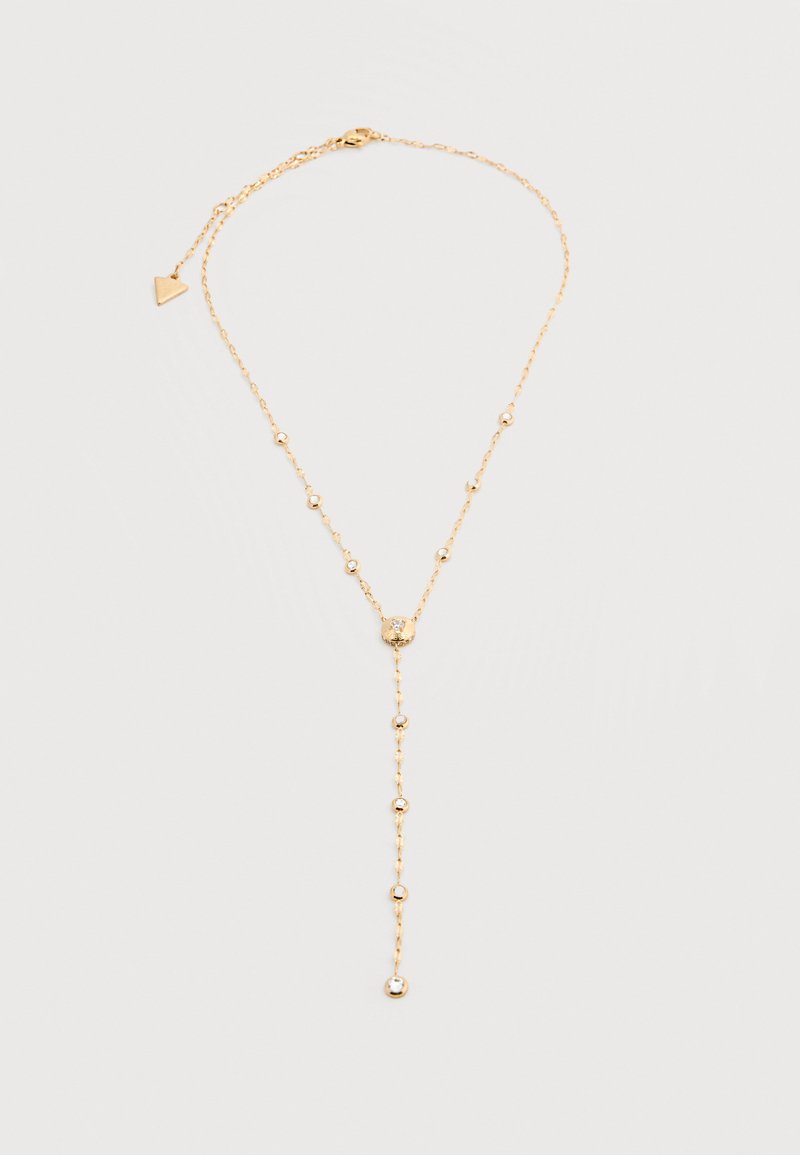 Delicate gold chain necklace with small round beads and a central Y-shaped drop featuring a larger bead at the end on a light background.