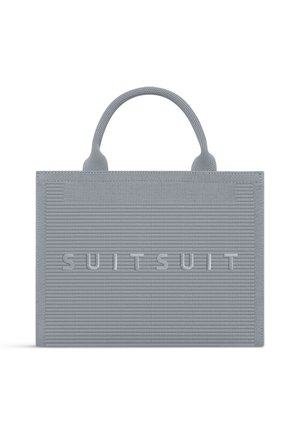 Gray rectangular tote bag with short handles and horizontal ribbed texture, featuring embossed "SUITSUIT" logo centered on the front.