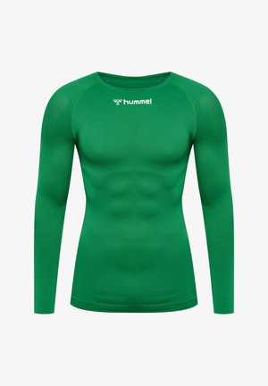 Sportshirt met lange mouwen in een levendige groene kleur, gemaakt van een gladde, rekbare stof, met een ronde halslijn en subtiele spierdetaillering.