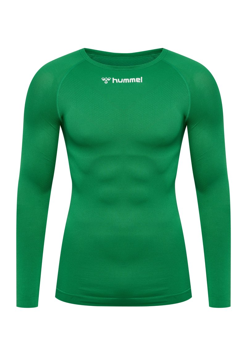 Langärmliges Sportshirt in leuchtendem Grün, hergestellt aus einem glatten, dehnbaren Material, mit einem runden Ausschnitt und dezenter Muskelkonturierung.