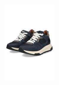 Blauwe en grijze sneaker van suède, mesh en leren materialen. Voorzien van witte veters, een gestructureerde zool en een zwarte accent aan de hiel.