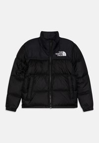Black puffer jacket with a high collar, front zipper, side pockets, and white The North Face logo on the left chest.