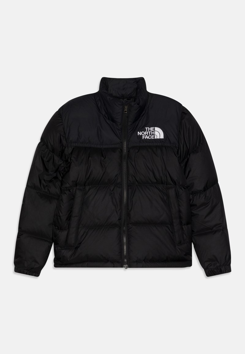 Black puffer jacket with a high collar, front zipper, side pockets, and white The North Face logo on the left chest.